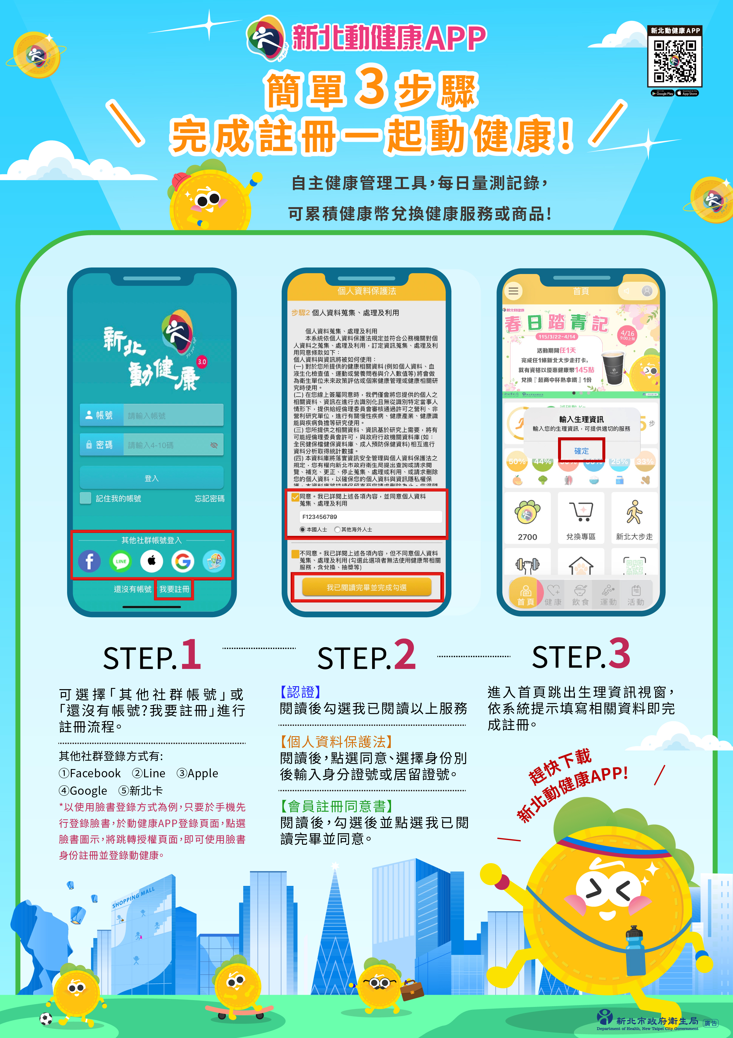 新北動健康 APP 註冊流程圖，共 3 個步驟